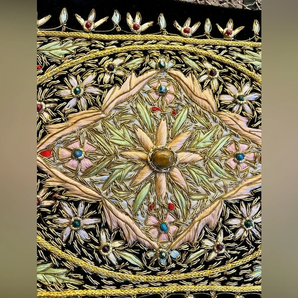 Handmade Zardozi Embroidered Wall Hanging Velvet Gold Tapestry 12x9 Indian Boho
